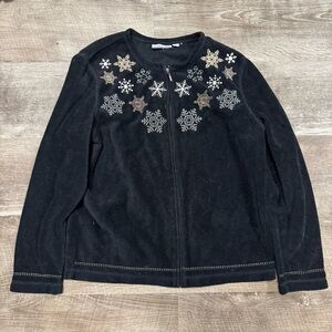 Croft & Barrow Vintage Black Fleece Full Zip Snowflake Sweater Size Medium